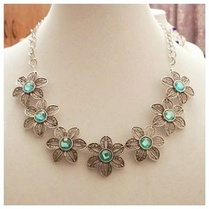 Silver/Aqua Flower Necklace & Earrings Set